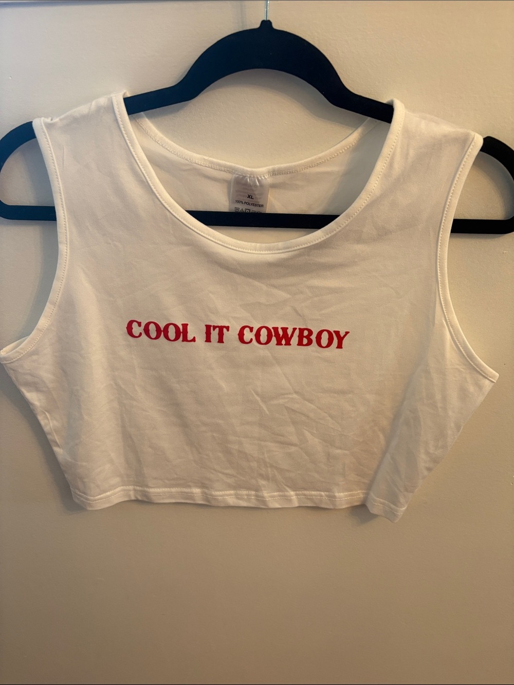 White Cropped Tank Top with Red "COOL IT COWBOY" Text